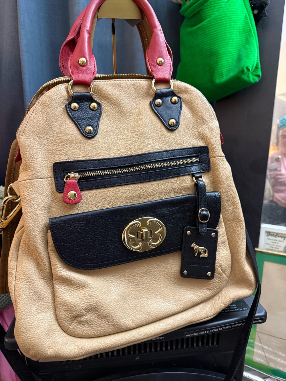 Emma Fox Leather Top-Handle Satchel Bag in Beige with Black & Red Accents